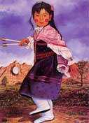 painting of a young native american girl in pink and purple dress and dance shawl, holding arrows in one hand, background is sky and sandstone rocks